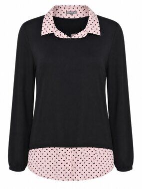 Adrianna Papell Twofer Faux Layered Collared Sweater Black with Pink Hearts LG
